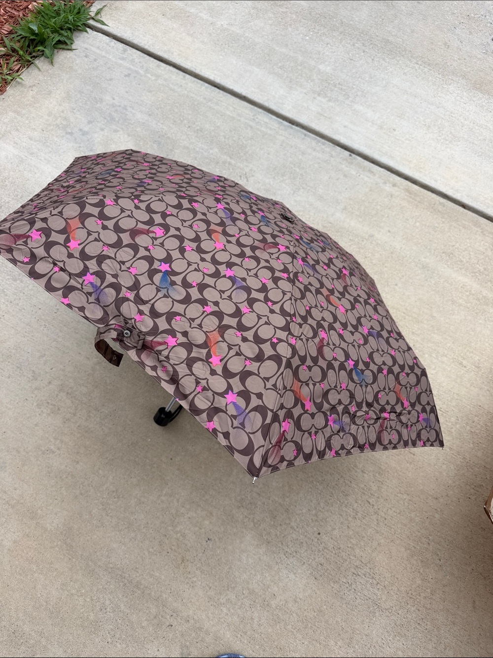 Coach Brown Logo Umbrella with Pink and Purple Star Accents